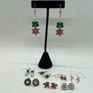 Lot of (8) Various Festive Christmas Earrings Wreath Snowman Bows Candy Cane